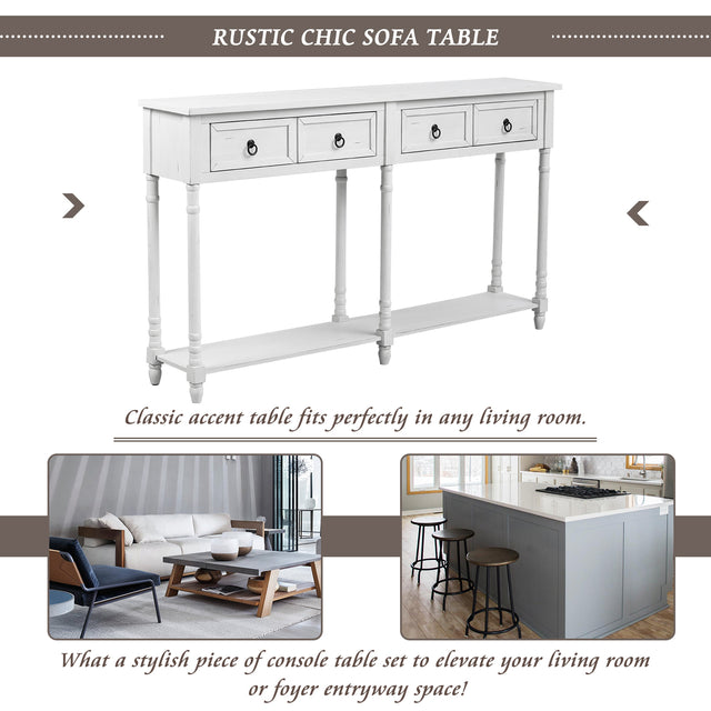 TREXM Console Table Sofa Table with Drawers and Long Shelf Rectangular Living Room Table Solid Wood (Antique White)