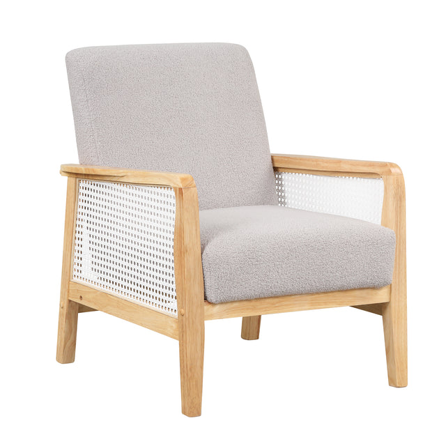 【EAT 3.10】Mid-Century Armchair Rattan Mesh Upholstered Accent Chair,Teddy Short Plush Particle Velvet Armchair for Living Room,Bedroom, Office, Studio,Grey