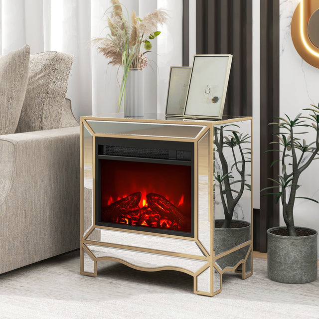 W 23.2"X D 13.4“ X H 24.4” Mirrored mantelpiece with champagne color bezel   Built in 1500 function heating