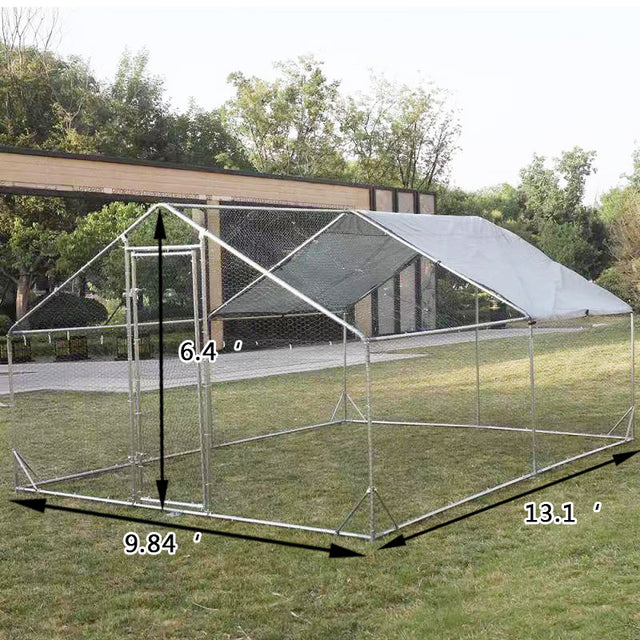 Large Metal Chicken Coop Walk-in Poultry Cage Hen Run House Rabbits Habitat Cage Spire Shaped Coop with Waterproof and Anti-Ultraviolet Cover (10' L x 13' W x 6.4' H)