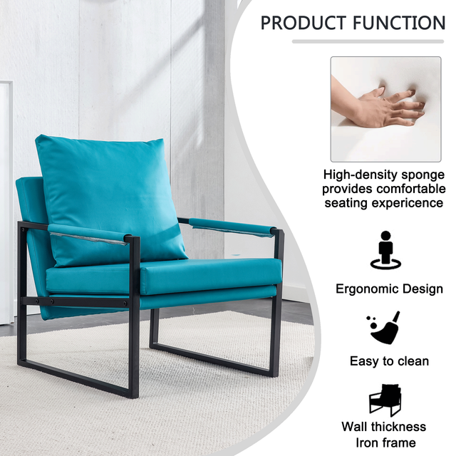 PU Leather Accent Arm Chair Mid Century Modern Upholstered Armchair with Metal Frame Extra-Thick Padded Backrest and Seat Cushion Sofa Chairs for Living Room ( Cyan PU Leather + Metal + Foam )
