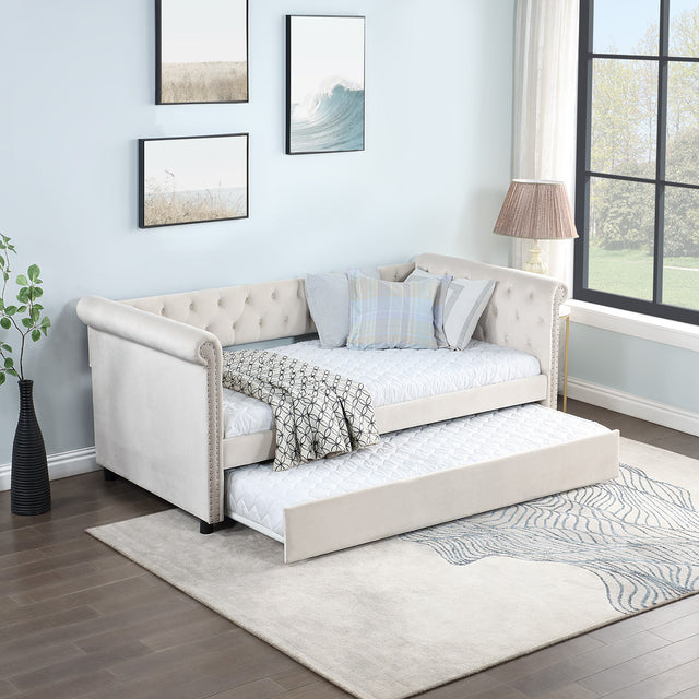 Daybed with Trundle Upholstered Tufted Sofa Bed, with Beautiful Round Armset Design, TWIN SIZE, Beige