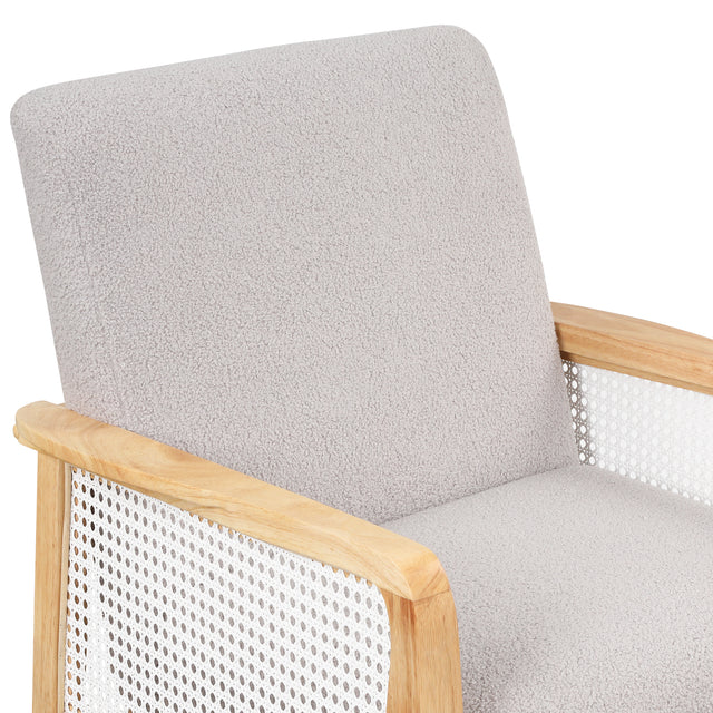 【EAT 3.10】Mid-Century Armchair Rattan Mesh Upholstered Accent Chair,Teddy Short Plush Particle Velvet Armchair for Living Room,Bedroom, Office, Studio,Grey