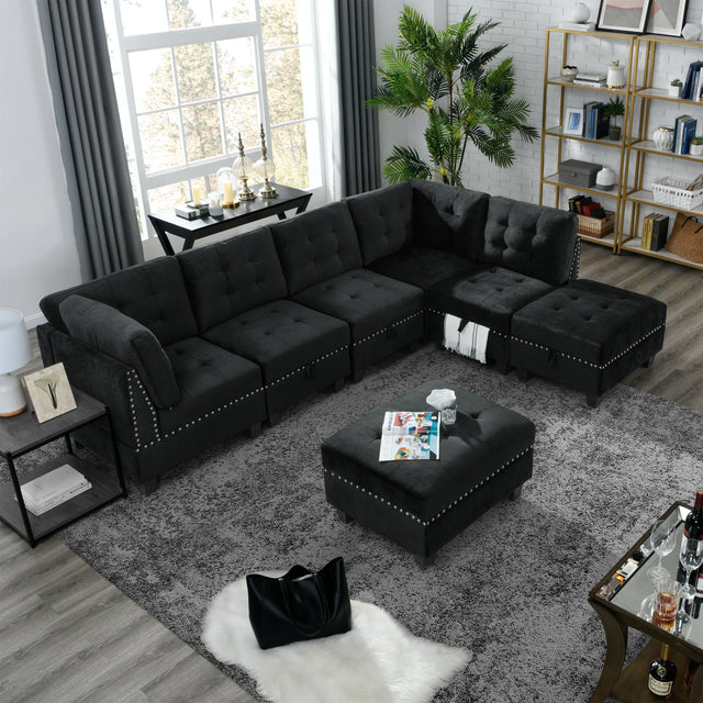 L shape Modular Sectional Sofa，DIY Combination，includes Three Single Chair ，Two Corner and Two Ottoman，Black Velvet.