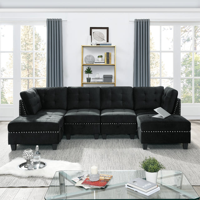 U shape Modular Sectional Sofa，DIY Combination，includes Two Single Chair ，Two Corner and Two Ottoman，Black Velvet.