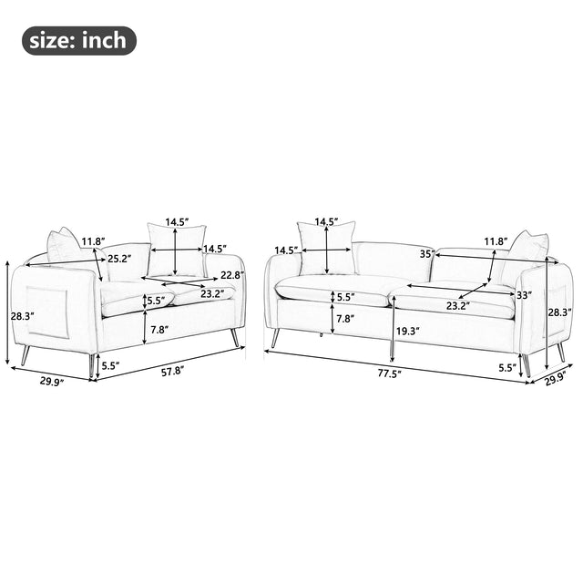 2 Piece Velvet Upholstered Sofa Sets,Loveseat and 3 Seat Couch Set Furniture with 2 Pillows and Golden Metal Legs for Different Spaces,Living Room,Apartment,Gray