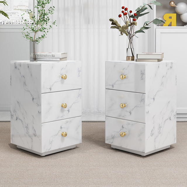 Glass Nightstand, Marble Nightstand with 3 Drawers,Side Table for Bedroom, Living Room(Tempered Glass)