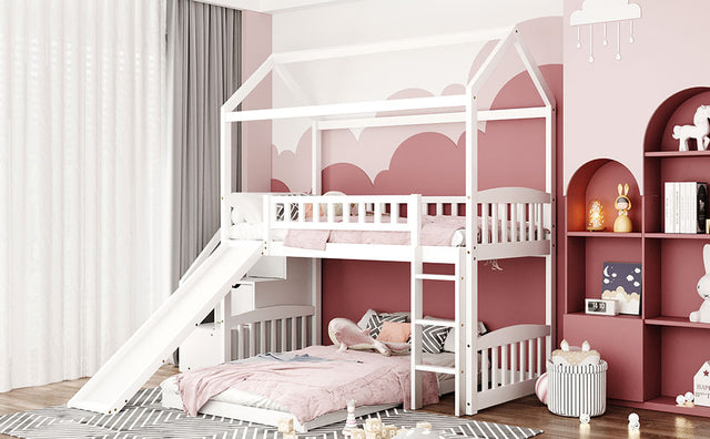 Twin Over Twin Bunk Bed with Two Drawers and Slide, House Bed with Slide, White(OLD SKU :LP000129AAK)