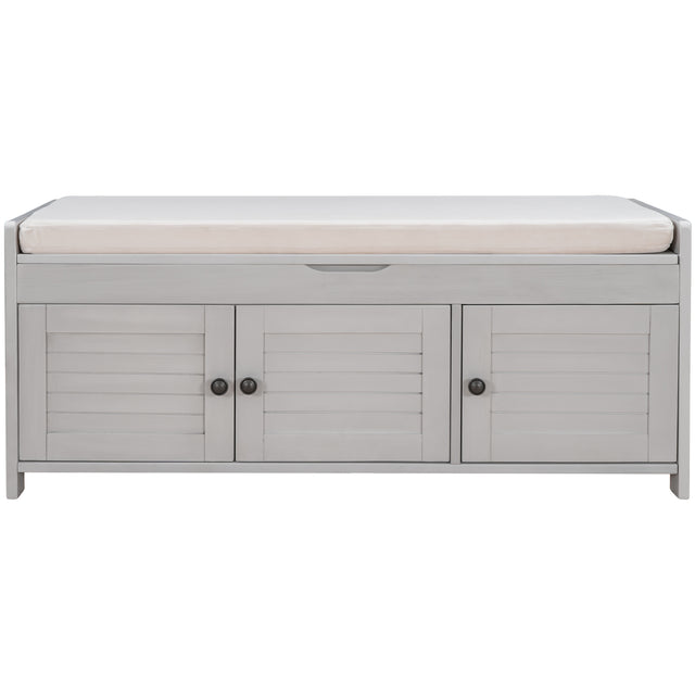 TREXM  Storage Bench with 3 Shutter-shaped Doors,  Shoe Bench with Removable Cushion and Hidden Storage Space (Gray Wash)
