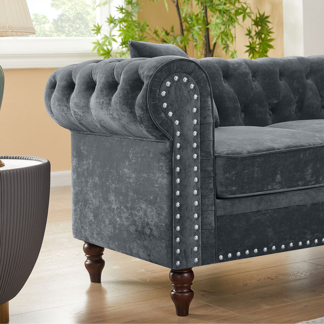 MH 80" Deep Button Tufted Upholstered Roll Arm Luxury Classic Chesterfield L-shaped Sofa 3 Pillows Included, Solid Wood Gourd Legs, Grey velvet