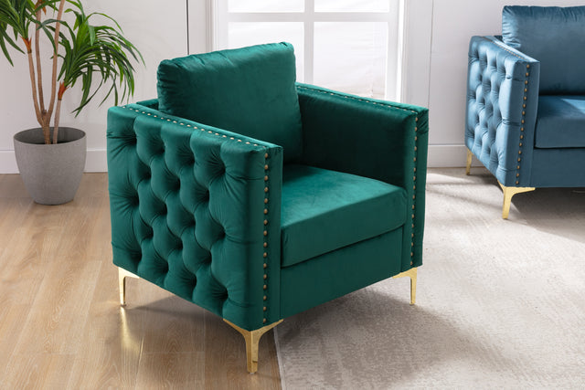 Modern Velvet Armchair Tufted Button Accent Chair Club Chair with Steel Legs for Living Room Bedroom，Green