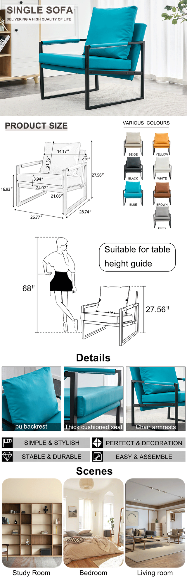 PU Leather Accent Arm Chair Mid Century Modern Upholstered Armchair with Metal Frame Extra-Thick Padded Backrest and Seat Cushion Sofa Chairs for Living Room ( Cyan PU Leather + Metal + Foam )