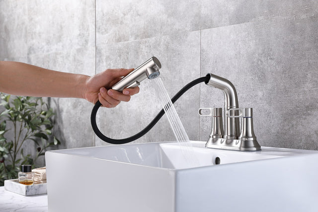 2 Handle Bathroom Sink Faucet 3 Hole with Pull Out Sprayer, Centerset Bathroom Faucets, 4 Inch Centerset Bathroom Faucet with Retractable Hose, Hot and Cold Water Mixing Faucet