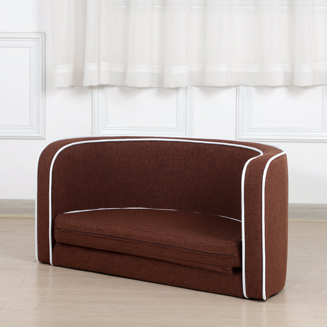 35" Brown Pet Sofa with Wooden Structure and Linen Goods White Roller Lines on the Edges Curved Appearance pet Sofa with Cushion