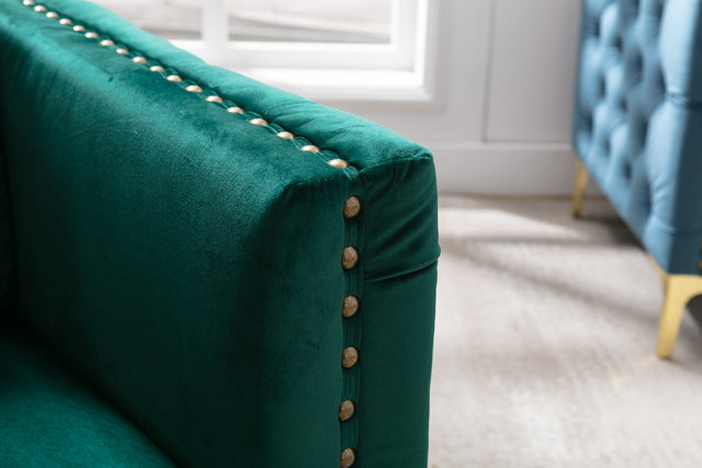 Modern Velvet Armchair Tufted Button Accent Chair Club Chair with Steel Legs for Living Room Bedroom，Green