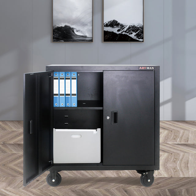 Metal Storage Cabinet with Locking Doors and One  Adjustable Shelves With 4 Wheels