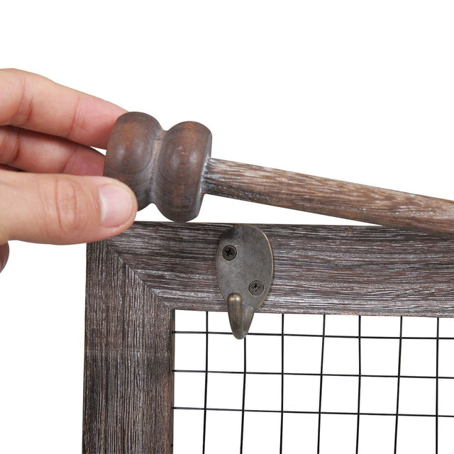 Wall Mounted Wooden Holder Hanging Jewelry Organizer with a Removable Bar, a Shelf and 15 Hooks, Rustic Brown