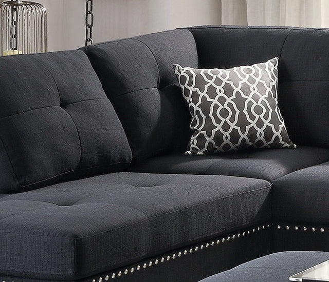 3-pcs Sectional Sofa Black Polyfiber Cushion Sofa Chaise Ottoman Reversible Couch Pillows