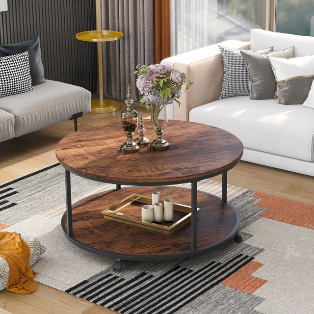 ON-TREND Round Coffee Table with Caster Wheels and Wood Textured Surface for Living Room, φ35.5”( Distressed Brown)
