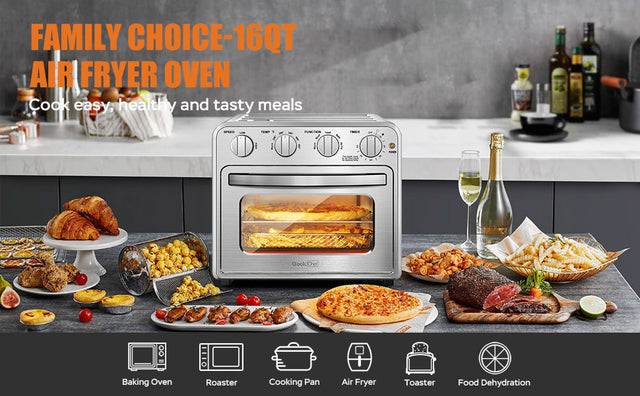 Geek Chef Air Fryer Toaster Oven Combo, 4 Slice Toaster Convection Air Fryer Oven Warm, Broil, Toast, Bake, Air Fry, Oil-Free, Accessories Included, Stainless Steel, Silver(16QT Air Fryer Oven) Ban on