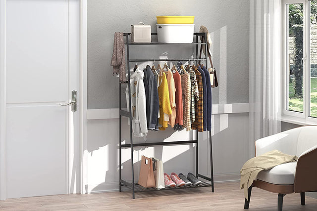 Clothes Rack,Clothing Rack with Shelves,Freestanding Closet Organizer for Living Bedroom Room Kitchen Bathroom Entryway Office Storage Shelves Clothes Hanging Rack,CR-537 Black