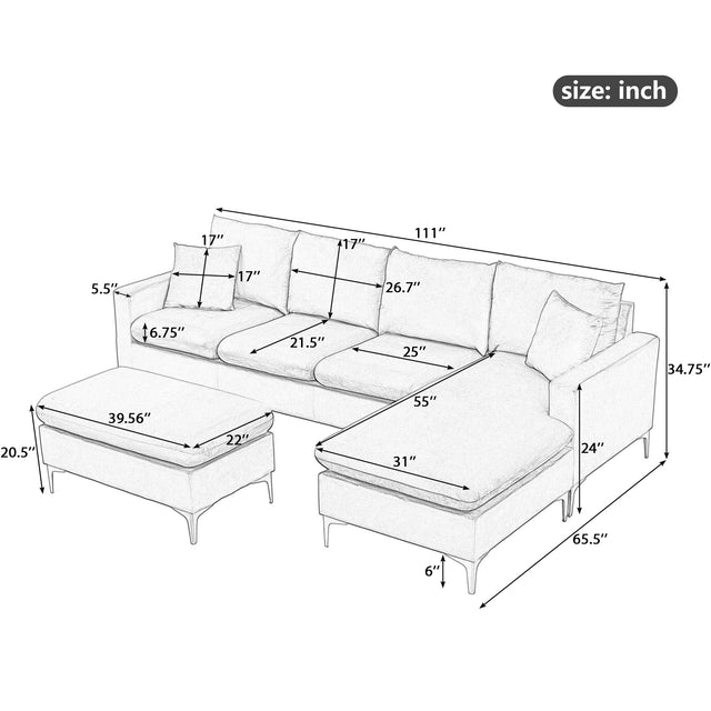 【EAT 3.10】110.6" Sectional Sofa with Ottoman, L-Shape Elegant Velvet Upholstered Couch with 2 Pillows for Living Room Apartment,Cream White