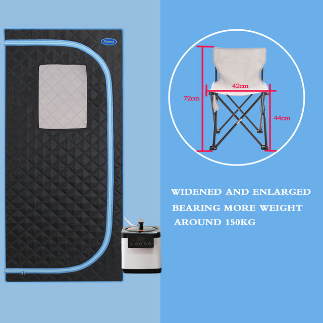 Portable Plus Type Full Size Steam Sauna tent. Spa, Detox ,Therapy and Relaxation at home.Larger Space,Stainless Steel Pipes Connector Easy to Install, with FCC Certification--Black(Blue binding)