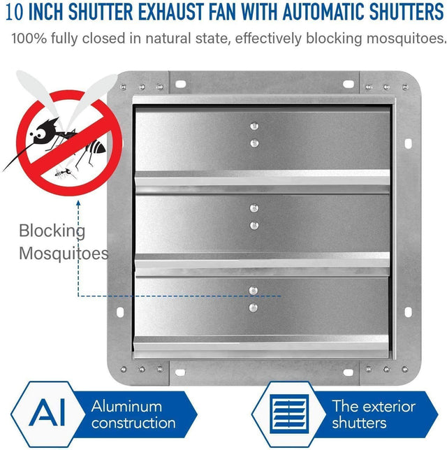 iPower 10 Inch Shutter Exhaust Fan Aluminum Controller and Power Cord Kit,High Speed 1650RPM, 820CFM, 1-Pack, Silver
