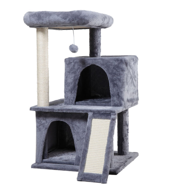 Double-layer cat Tree with cat house and ladder - light gray