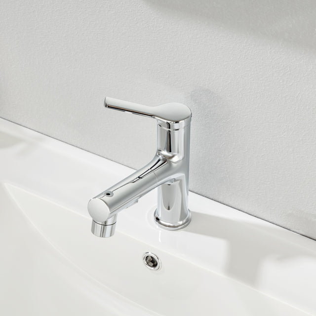 Single Hole Bathroom Faucet with Pull Out Sprayer, Dual Spray Modes, Solid Brass Polished Chrome Bathroom Faucet for Sink, Modern One Handle Bath Vanity Faucet with Face Basin Mixer Tap\\nVisit the YI