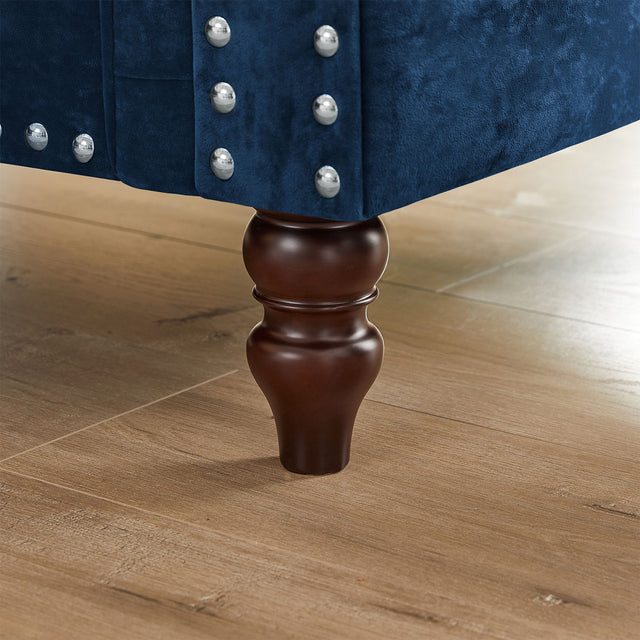 MH 80" Deep Button Tufted Upholstered Roll Arm Luxury Classic Chesterfield L-shaped Sofa 3 Pillows Included, Solid Wood Gourd Legs, Blue velvet