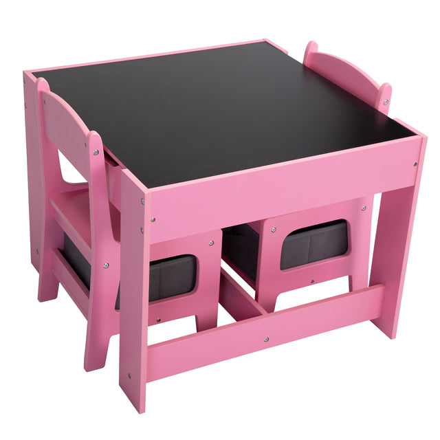 3-in-1 Kids Wood Table and 2 Chairs, Children Activity Table Set with Storage, Blackboard, Double-Sided Table for Drawing,Pink & Gray