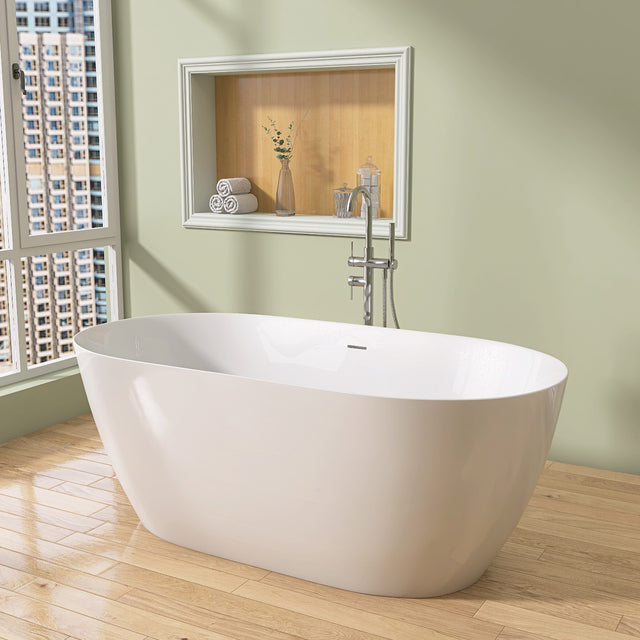 67" Acrylic Free Standing Tub - Classic Oval Shape Soaking Tub, Adjustable Freestanding Bathtub with Integrated Slotted Overflow and Chrome Pop-up Drain Anti-clogging Gloss White