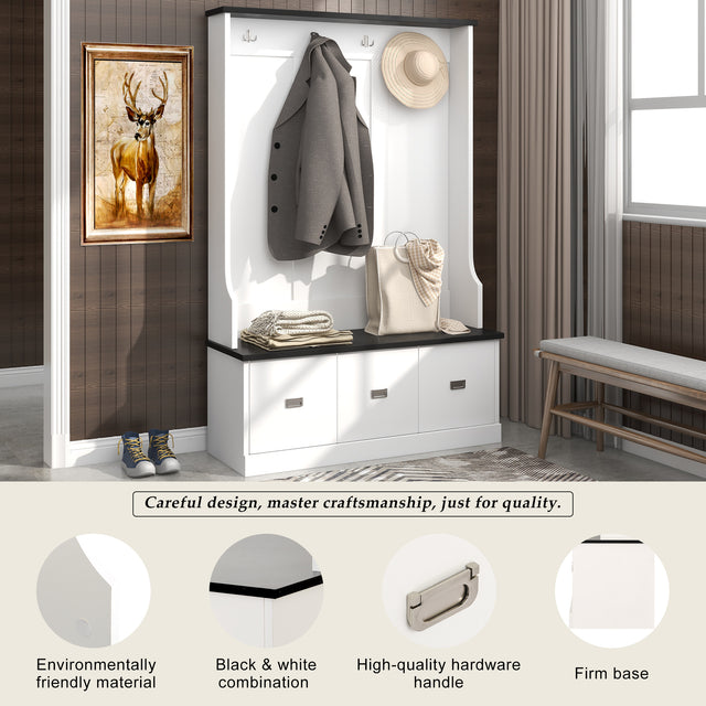 ON-TREND Two-tone Hall Tree with 4 Hooks and 3 Large Drawers, Coat Hanger, Entryway Bench, Storage Bench, 3-in-1 Design, for Entrance, Hallway (White)