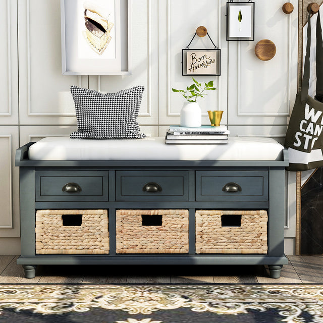 TREXM Rustic Storage Bench with 3 Drawers and 3 Rattan Baskets, Shoe Bench for Living Room, Entryway (Antique Navy)