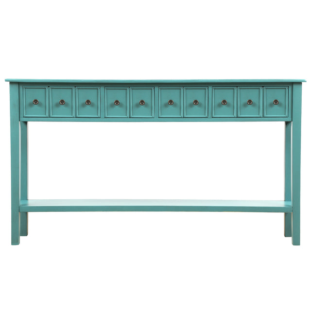 TREXM Rustic Entryway Console Table, 60" Long Sofa Table with two Different Size Drawers and Bottom Shelf for Storage (Blue)