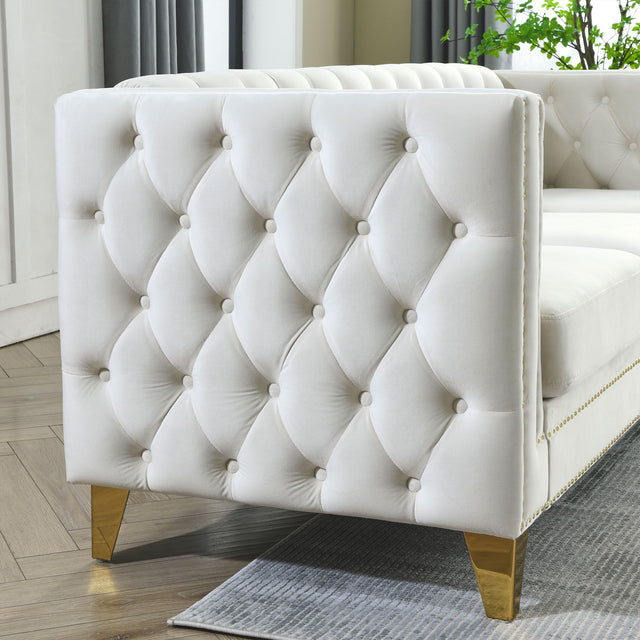 {Contact us for 3D modeling} Velvet Sofa for Living Room,Buttons Tufted Square Arm Couch, Modern Couch Upholstered Button and Metal Legs, Sofa Couch for Bedroom, Beige Velvet