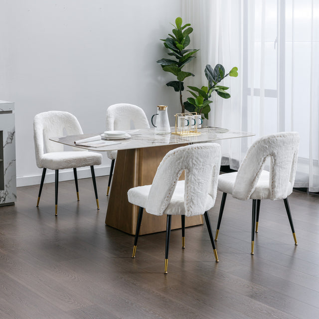 A&A Furniture,Akoya Collection Modern | Contemporary Rabbit Fur Fibre Upholstered Dining Chair with Nailheads and Gold Tipped Black Metal Legs, Cream White，Set of 2