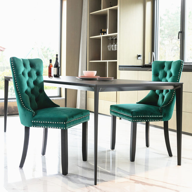 Nikki Collection Modern, High-end Tufted Solid Wood Contemporary Velvet Upholstered Dining Chair with Wood Legs Nailhead Trim 2-Pcs Set，Green, SW2001GN