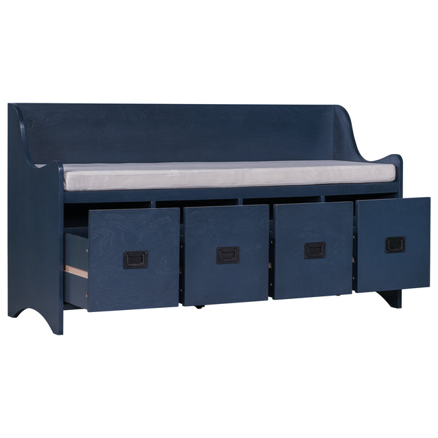 TREXM Movable Cushion Storage Bench with Drawers and Backrest for Entryway and Living Room（Antique Navy）