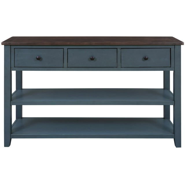 TREXM Retro Design Console Table with Two Open Shelves, Pine Solid Wood Frame and Legs for Living Room (Navy)