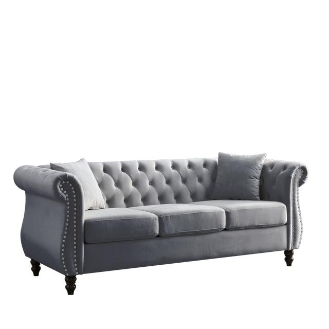 [Video] 80" Chesterfield Sofa Grey Velvet for Living Room, 3 Seater Sofa Tufted Couch with Rolled Arms and Nailhead for Living Room, Bedroom, Office, Apartment, two pillows