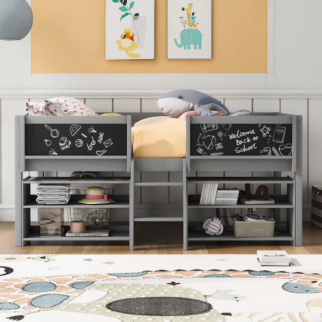 Twin Size Low Loft Bed with Two Movable Shelves and Ladder,with Decorative Guardrail Chalkboard,Gray