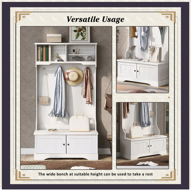 ON-TREND Hall Tree Entryway Bench with Shelves Cabinet and Four Hooks, 3-in-1 Design, White