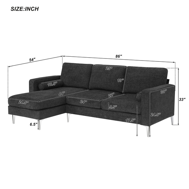 [VIDEO provided] [New]86" Convertible Sectional Sofa, Modern Chenille Fabric Sectional Sofa,  L-Shaped Couch 3-Seat Sofa Sectional with Reversible Chaise (2 Pillows)