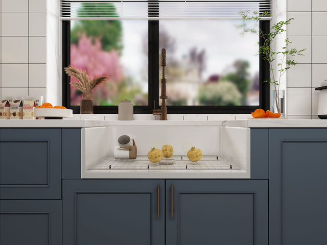 Fireclay Farmhouse Kitchen Sink 33 inch  Apron Sink Single Bowl  Farm Sink with Bottom Grid in & Drain , White Color
