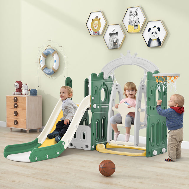 Toddler Slide and Swing Set 5 in 1, Kids Playground Climber Slide Playset with Basketball Hoop Freestanding Combination for Babies Indoor & Outdoor