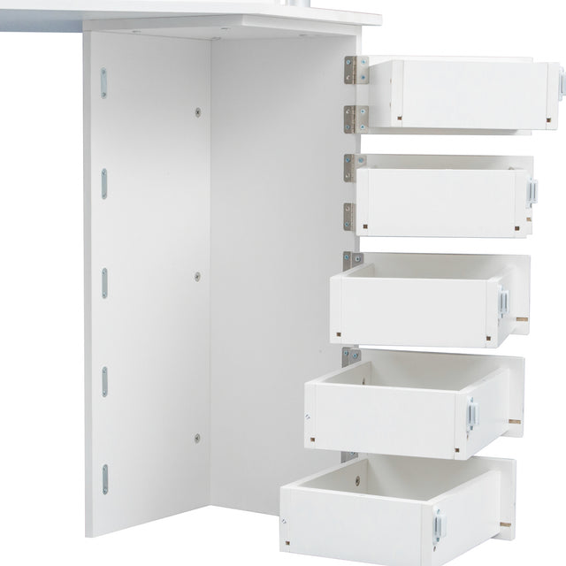 Corner dressing table make up desk with three-fold mirror and 5 rotary drawer Wooden Bedroom Vanity Table (White)