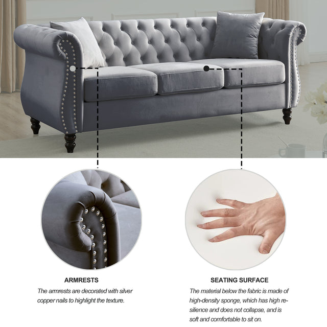 [Video] 80" Chesterfield Sofa Grey Velvet for Living Room, 3 Seater Sofa Tufted Couch with Rolled Arms and Nailhead for Living Room, Bedroom, Office, Apartment, two pillows