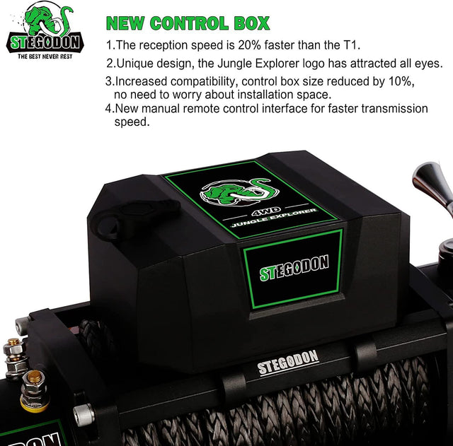 STEGODON New 13000 LBS Electric Winch T3,12V Synthetic Rope with Wireless Handheld Remotes and Wired Handle